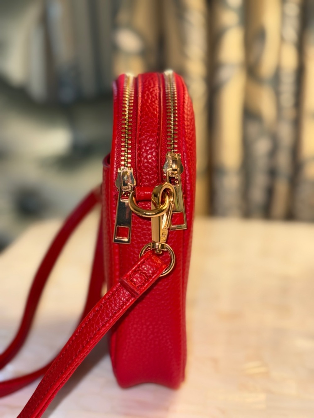 Red Leather Double-Zip Crossbody Bag